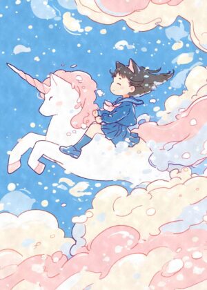 Kawaii Girl and Unicorn in Dreamy Clouds - Premium Wooden Framed Poster. Ready to Hang.