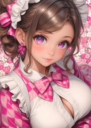 Anime Girl with Pink Bow: Delightful Digital Art Print - Premium Wooden Framed Poster. Ready to Hang.