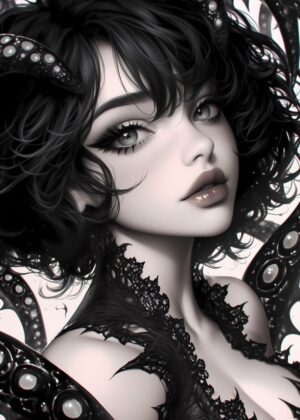 Dark-Haired Woman with Tentacles: A Monochromatic Masterpiece - Premium Wooden Framed Poster. Ready to Hang.