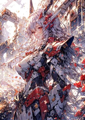 Anime Girl in Mech Armor: Digital Art Print - Premium Wooden Framed Poster. Ready to Hang.