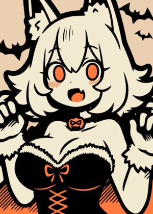 Cute Halloween Werewolf Girl Chibi Art - Premium Wooden Framed Poster. Ready to Hang.