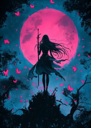 Silhouette Woman Under Pink Moon - Premium Wooden Framed Poster. Ready to Hang.