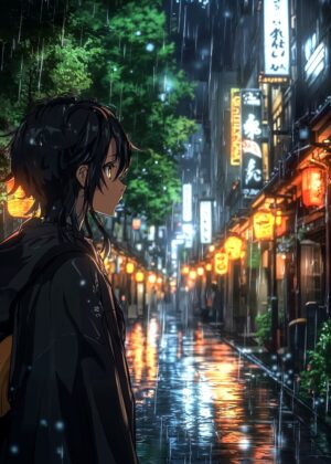 Rainy Night in Japan: Anime Girl Art Print - Premium Wooden Framed Poster. Ready to Hang.