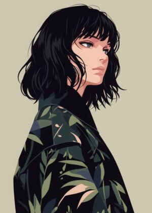 Anime Girl with Black Hair: Stylish and Elegant Digital Art - Premium Wooden Framed Poster. Ready to Hang.
