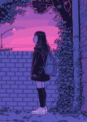 Girl at Dusk: A Melancholic Anime Illustration - Premium Wooden Framed Poster. Ready to Hang.
