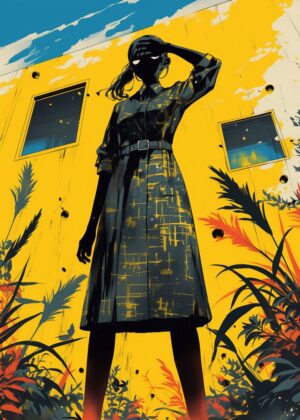 Silhouette Against a Vibrant Yellow Wall - Premium Wooden Framed Poster. Ready to Hang.