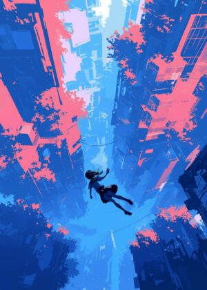 Falling Through Cityscape: A Stunning Anime-Inspired Artwork - Premium Wooden Framed Poster. Ready to Hang.