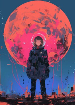Astronaut Girl in a Crimson Sky - Premium Wooden Framed Poster. Ready to Hang.