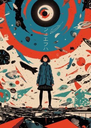 Space Girl: A Whimsical Cosmic Adventure - Premium Wooden Framed Poster. Ready to Hang.