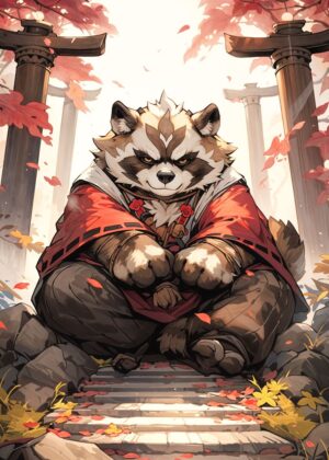 Raccoon Warrior in Red: Autumnal Digital Art Print - Premium Wooden Framed Poster. Ready to Hang.