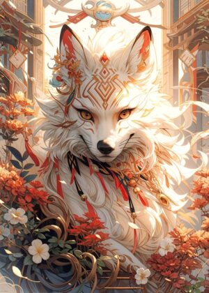 Kitsune Spirit: Mystical Fox Artwork - Premium Wooden Framed Poster. Ready to Hang.