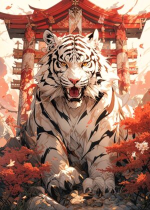 White Tiger Guardian: Majestic Artwork of Strength and Serenity - Premium Wooden Framed Poster. Ready to Hang.
