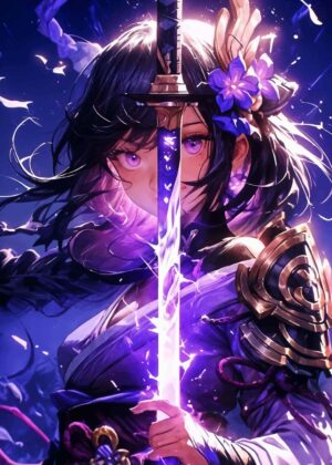 Anime Girl with Purple Sword Art Print - Premium Wooden Framed Poster. Ready to Hang.