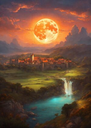Fantasy Village Under a Blood Moon - Premium Wooden Framed Poster. Ready to Hang.