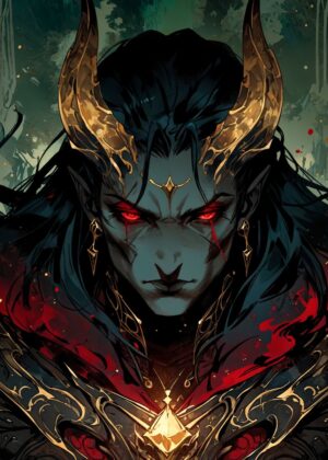 Dark-Haired Demon with Golden Horns: Fantasy Art Print - Premium Wooden Framed Poster. Ready to Hang.