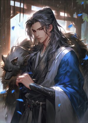 Anime Male Character with Wolf: Mystical Eastern Fantasy Art Print - Premium Wooden Framed Poster. Ready to Hang.