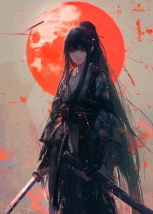Anime Samurai Girl: Crimson Moon - Premium Wooden Framed Poster. Ready to Hang.