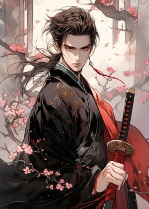 Anime Samurai Art Print: Crimson Blossom - Premium Wooden Framed Poster. Ready to Hang.