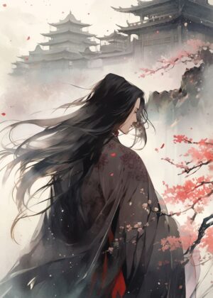 Anime Male Character in Traditional Chinese Clothing: A Serene Watercolor Artwork - Premium Wooden Framed Poster. Ready to Hang.