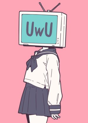 UwU Anime Girl with TV Head Art Print - Premium Wooden Framed Poster. Ready to Hang.