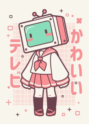 Kawaii TV Head Girl Art Print - Premium Wooden Framed Poster. Ready to Hang.