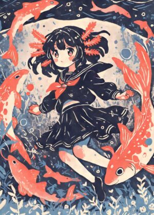 Axolotl Anime Girl: Whimsical Underwater Fantasy Art Print - Premium Wooden Framed Poster. Ready to Hang.