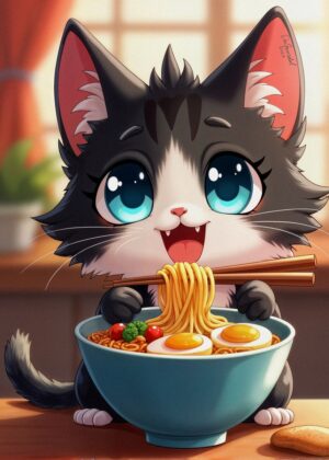 Adorable Chibi Cat Enjoying Ramen - Premium Wooden Framed Poster. Ready to Hang.
