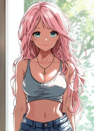 Anime Girl with Pink Hair: A Breathtaking Digital Art Print - Premium Wooden Framed Poster. Ready to Hang.