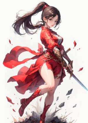 Red-Clad Warrior Woman: Anime Art Print - Premium Wooden Framed Poster. Ready to Hang.
