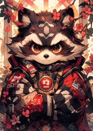 Cyberpunk Raccoon Artwork: Red Jacket Edition - Premium Wooden Framed Poster. Ready to Hang.