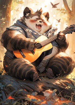 Singing Panda Guitarist: A Whimsical Forest Scene - Premium Wooden Framed Poster. Ready to Hang.