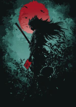 Samurai Silhouette: A Dark and Brooding Artwork - Premium Wooden Framed Poster. Ready to Hang.