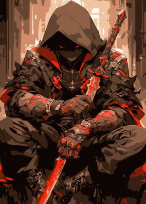 Red-Eyed Assassin: A Masterpiece of Dark Fantasy Art - Premium Wooden Framed Poster. Ready to Hang.