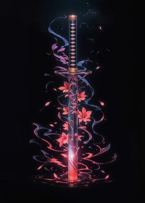 Floral Katana: A Demon Slayer's Dream - Premium Wooden Framed Poster. Ready to Hang.