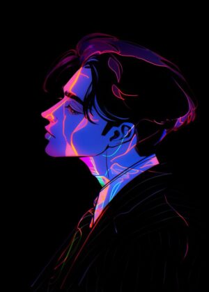 Neon Dreams: A Profile in Electric Hues - Premium Wooden Framed Poster. Ready to Hang.
