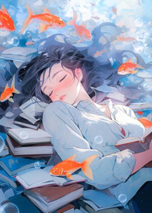 Sleeping Beauty and Goldfish: A Dreamy Anime Art Print - Premium Wooden Framed Poster. Ready to Hang.
