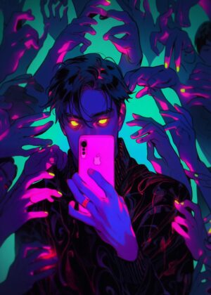 Digital Glare: Trapped in the Neon Glow - Premium Wooden Framed Poster. Ready to Hang.