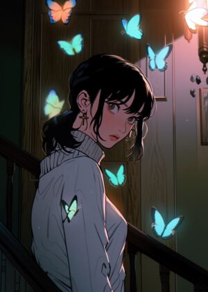Butterfly Feelings: Anime Girl Art Print - Premium Wooden Framed Poster. Ready to Hang.