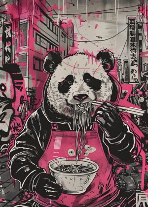 Panda Ramen Street Art Print - Premium Wooden Framed Poster. Ready to Hang.