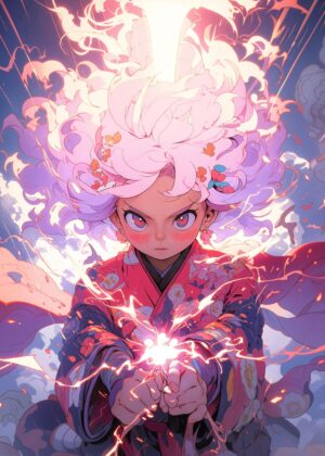 Anime Girl with Pink Hair: Fiery Spirit - Premium Wooden Framed Poster. Ready to Hang.