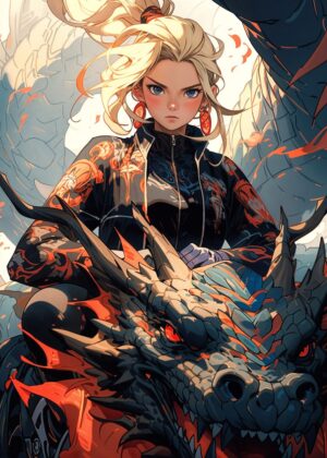 Dragon Rider Girl: Fierce Fantasy Art Print - Premium Wooden Framed Poster. Ready to Hang.