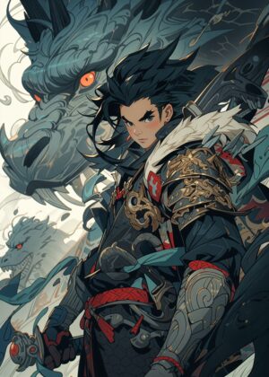 Dragon Warrior: Fantasy Art Print - Premium Wooden Framed Poster. Ready to Hang.