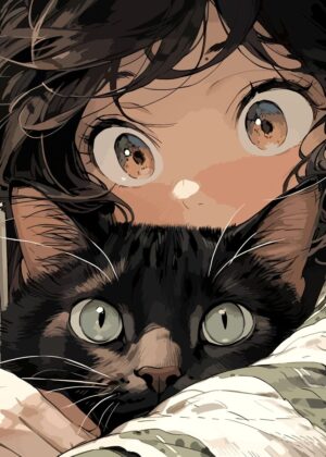 Anime Girl and Black Cat: A Cozy Embrace - Premium Wooden Framed Poster. Ready to Hang.