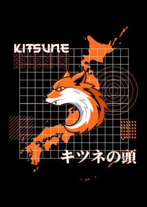 Kitsune Fox: A Japanese-Inspired Graphic Design - Premium Wooden Framed Poster. Ready to Hang.