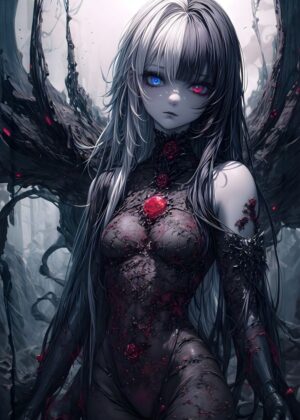 Dark Anime Girl with Wings: Gothic Fantasy Art Print - Premium Wooden Framed Poster. Ready to Hang.