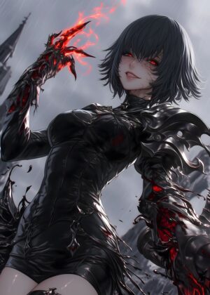 Dark Anime Girl with Crimson Claws: Digital Art Print - Premium Wooden Framed Poster. Ready to Hang.