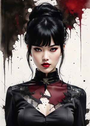 Elegant Woman in Black and Red: A Striking Portrait - Premium Wooden Framed Poster. Ready to Hang.