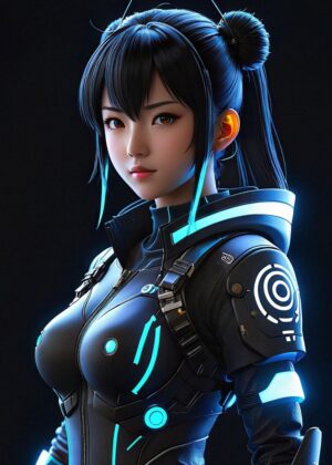 Cyberpunk Anime Girl: Futuristic Beauty - Premium Wooden Framed Poster. Ready to Hang.