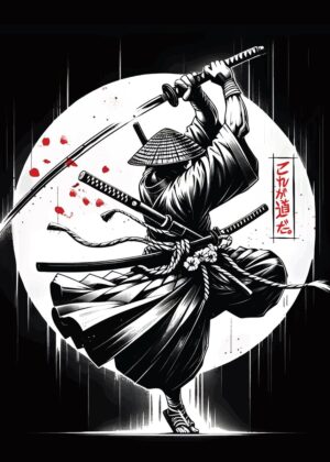 Ronin Samurai Warrior: Black and White Art Print - Premium Wooden Framed Poster. Ready to Hang.