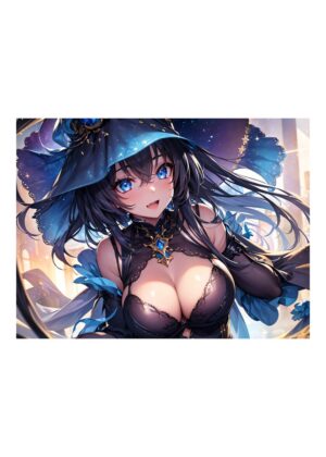 Anime Girl with Celestial Blue Hat - Premium Wooden Framed Poster. Ready to Hang.